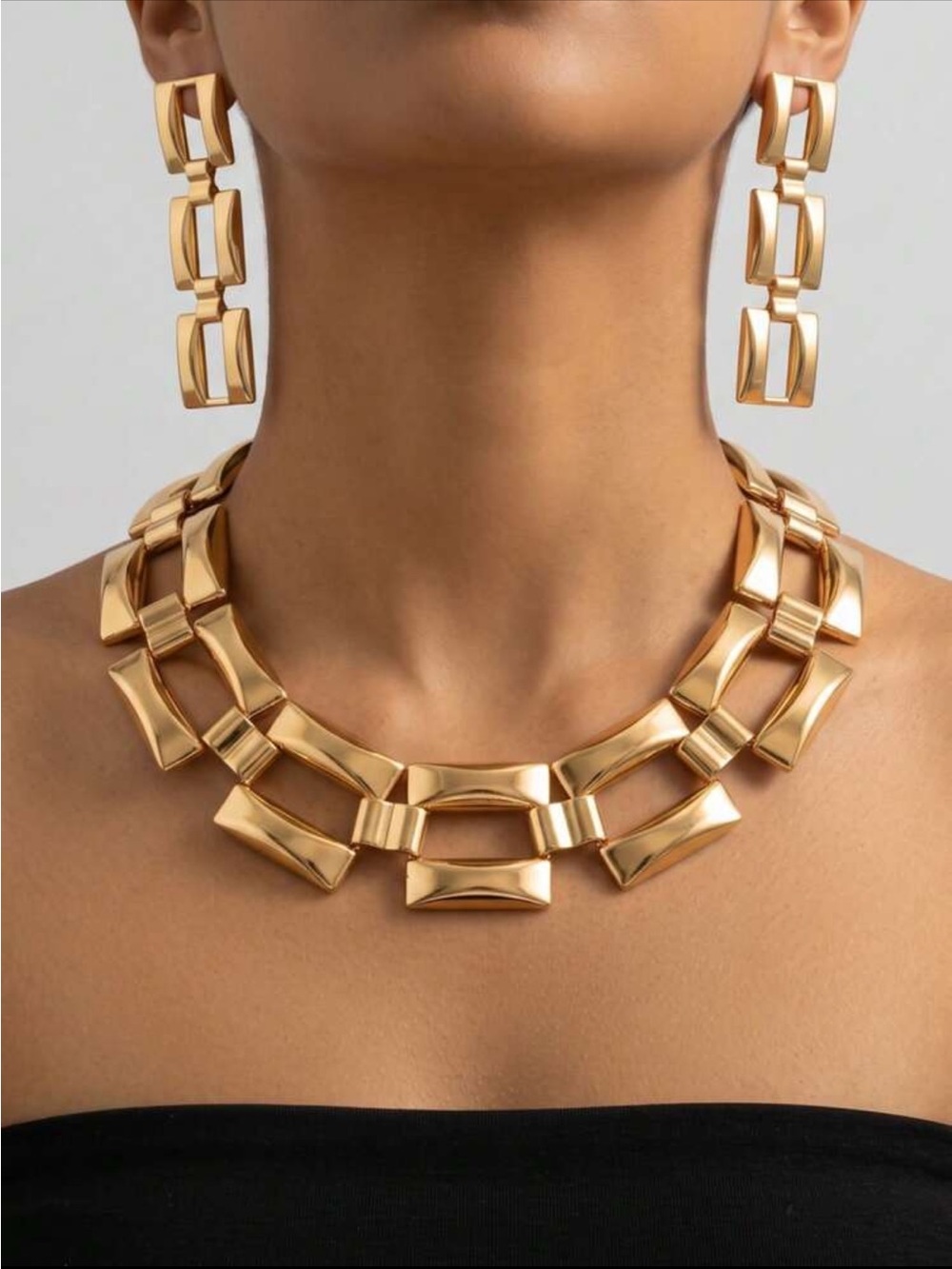 Gold Geometric Statement Necklace and Earrings Set